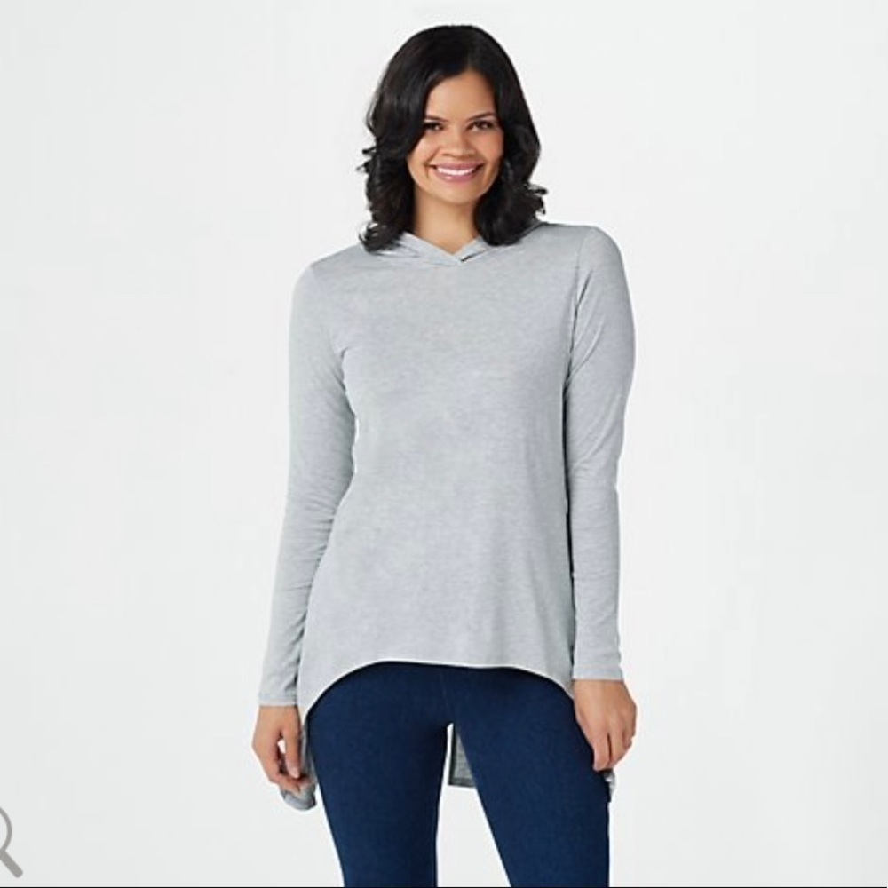 LOGO Lori Goldstein Long-Sleeve Hooded Grey Top Size S